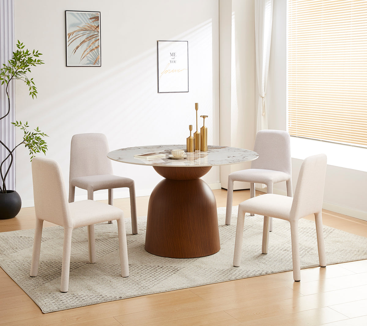 Table de salle à manger Glindro ronde diamètre 120 cm avec plateau en pierre/noyer