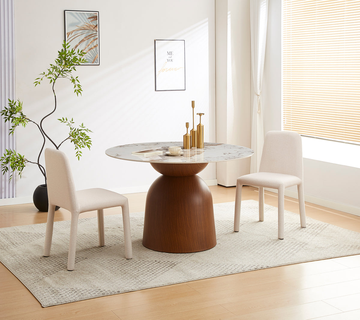 Table de salle à manger Glindro ronde diamètre 120 cm avec plateau en pierre/noyer