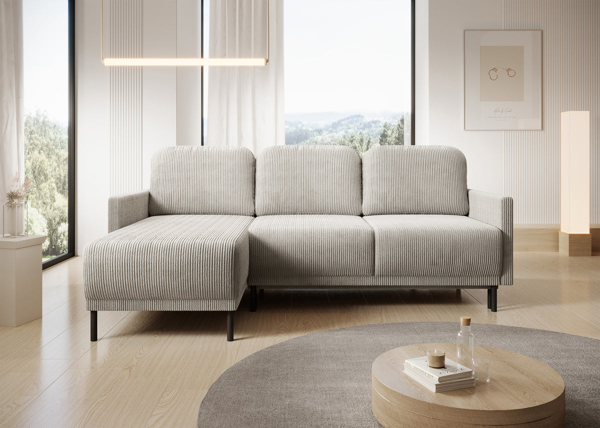 Canapé d'angle convertible Hamiel en L avec coffre de rangement, universel, velours côtelé beige clair