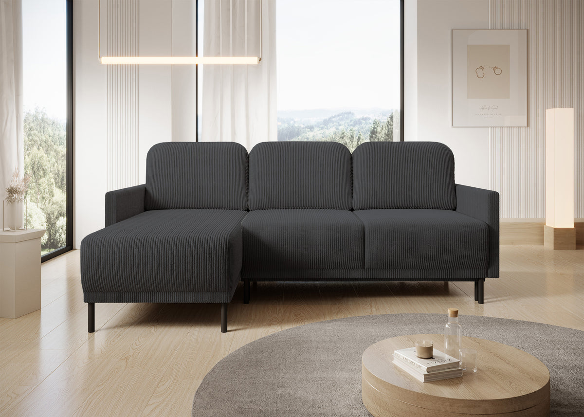 Canapé d'angle convertible Hamiel en L avec rangement, universel, velours côtelé bleu-gris