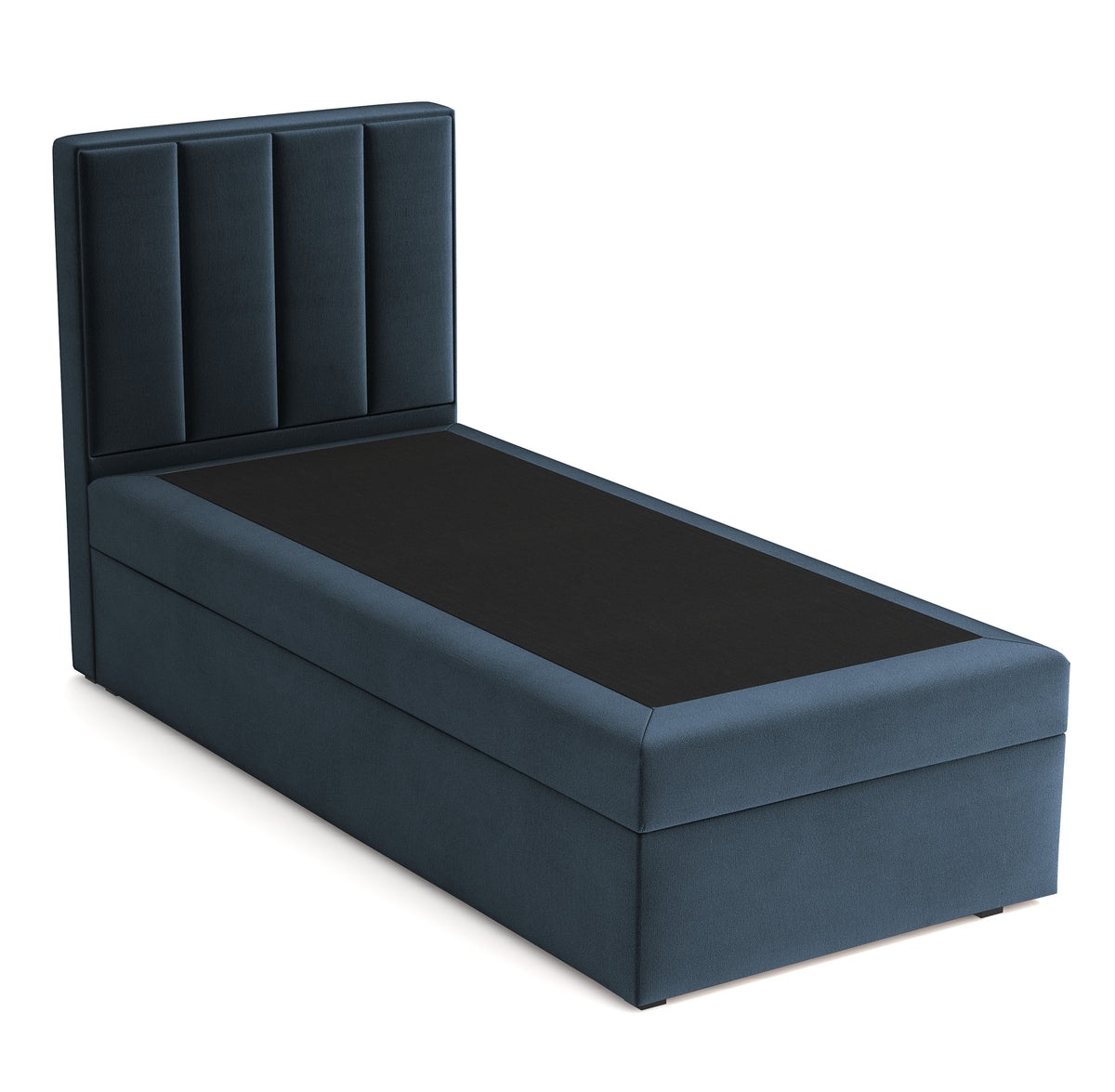 Lit continental 90x200 cm Rinus avec rangement, velours hydrofuge bleu marine, côté droit