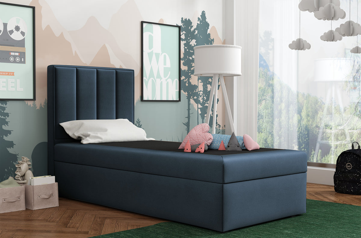 Lit continental 90x200 cm Rinus avec rangement, velours hydrofuge bleu marine, côté droit