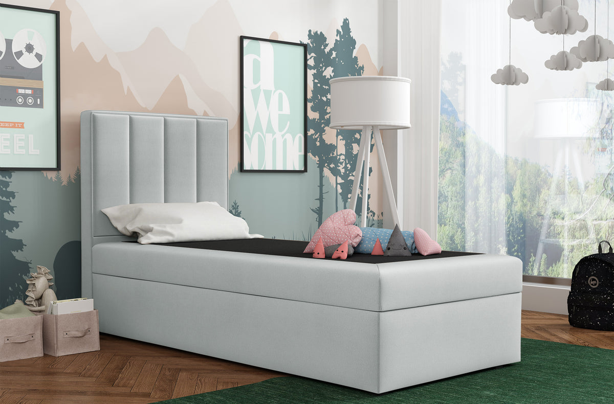 Lit continental 90x200 cm Rinus avec rangement, velours hydrofuge gris clair, côté gauche
