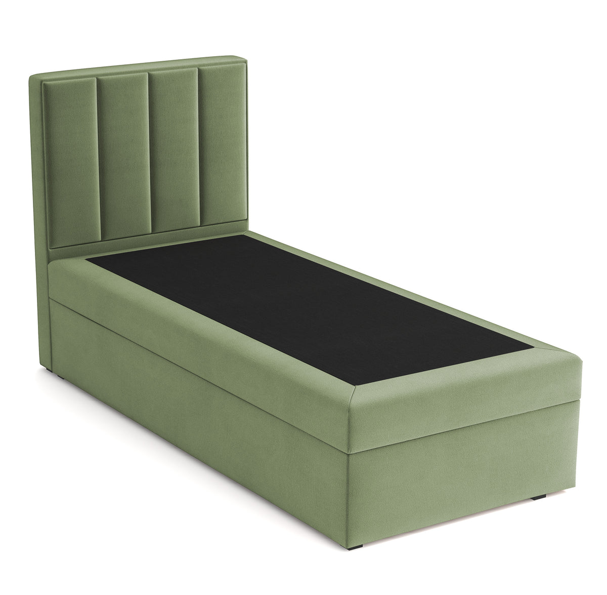 Lit continental 90x200 cm Rinus avec rangement, velours hydrofuge sauge, ouverture à gauche