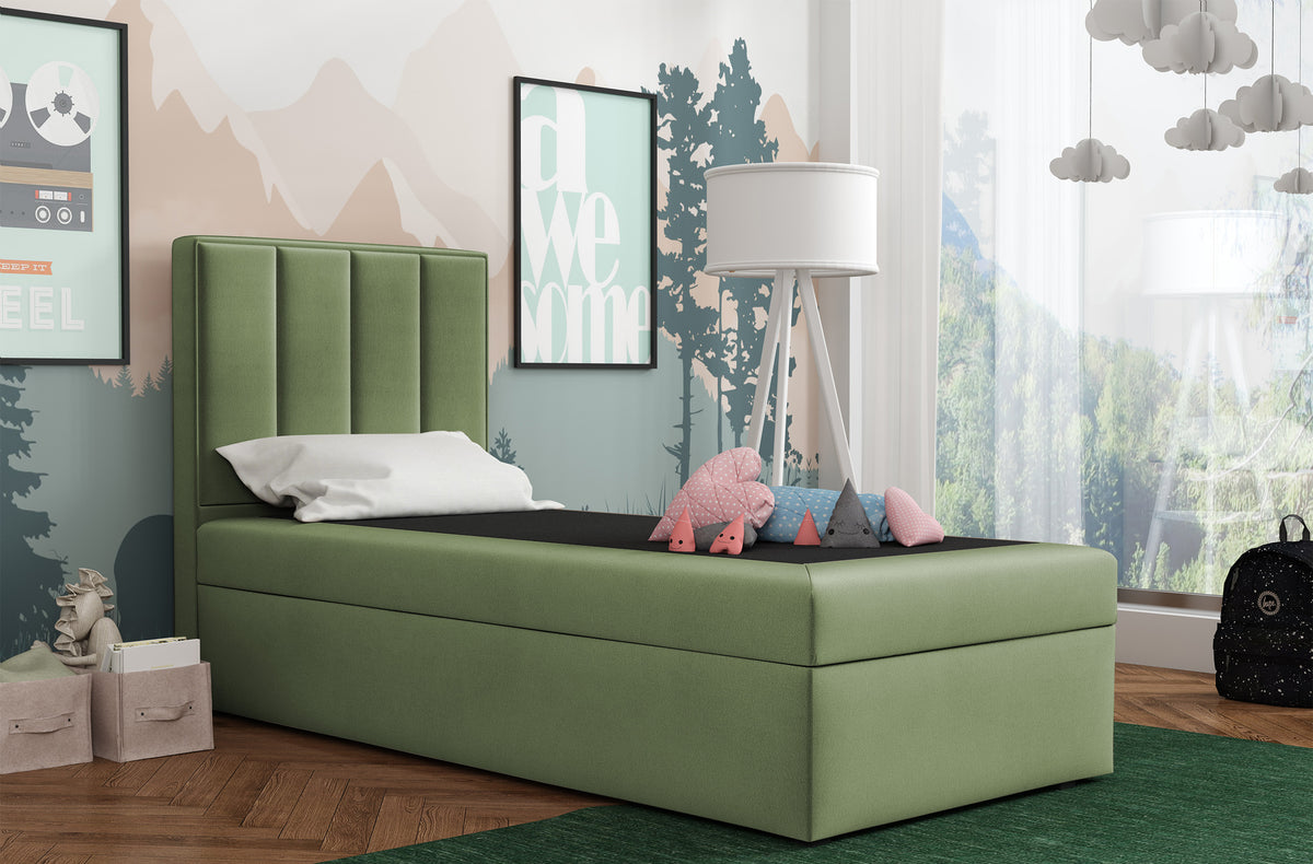 Lit continental 90x200 cm Rinus avec rangement, velours hydrofuge sauge, ouverture à gauche