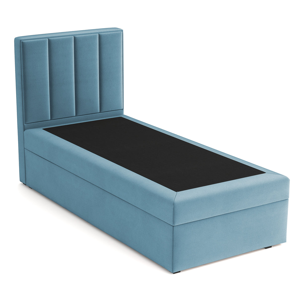 Kontinentalbett 90x200 cm Rinus mit Stauraum, hellblauer Velours, wasserabweisend, linksseitig