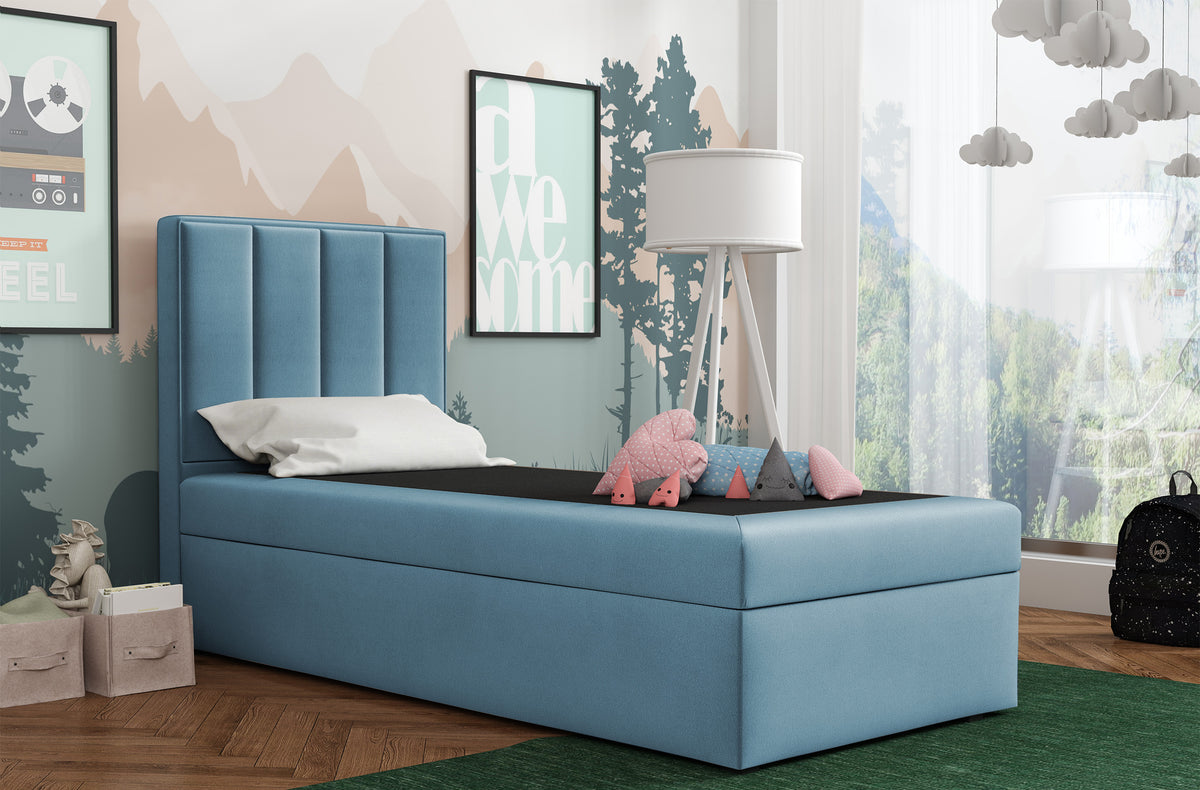 Kontinentalbett 90x200 cm Rinus mit Stauraum, hellblauer Velours, wasserabweisend, linksseitig