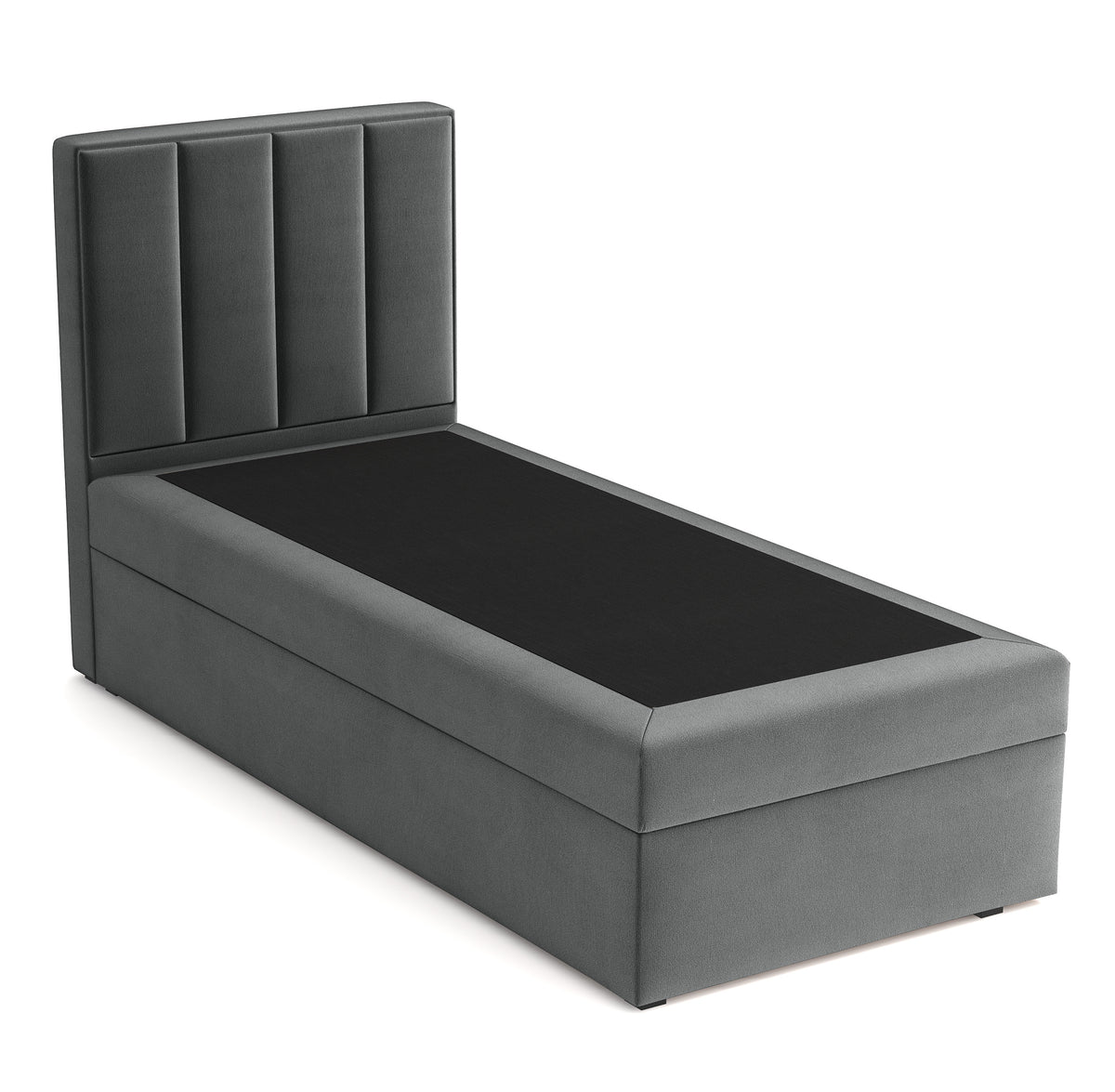 Kontinentales Bett 90x200 cm Rinus mit Stauraum, dunkelgrauer Velours, hydrophob, linksseitig