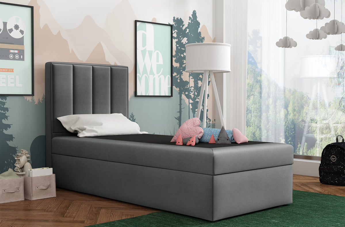 Kontinentales Bett 90x200 cm Rinus mit Stauraum, dunkelgrauer Velours, hydrophob, linksseitig