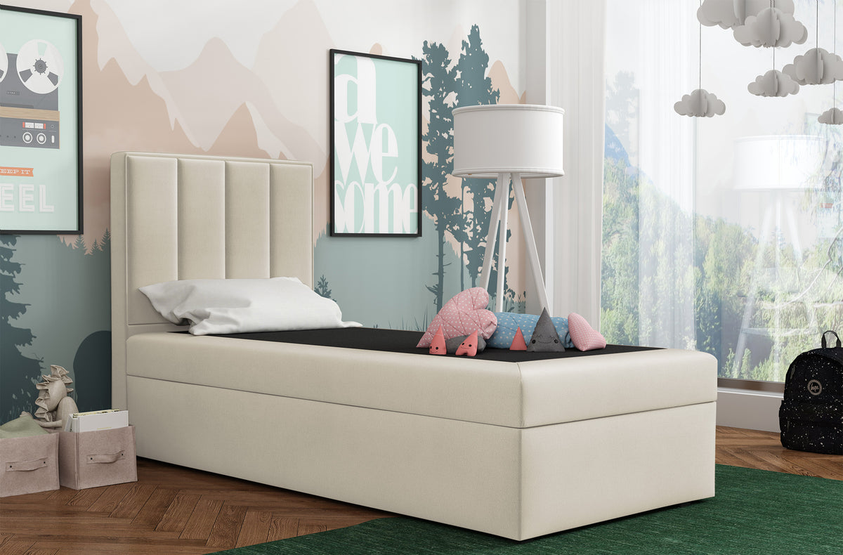 Kontinentalbett 90x200 cm Rinus mit Stauraum, grau-beiges Velours, wasserabweisend, rechtsseitig