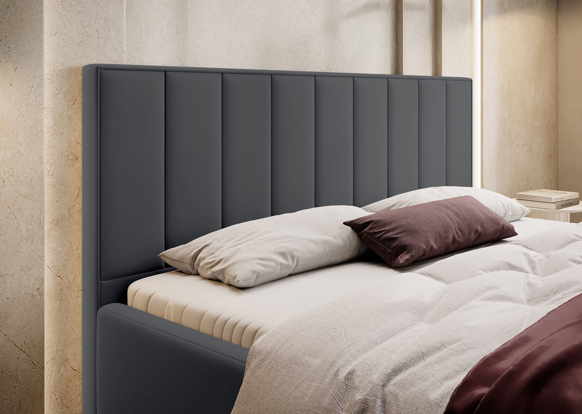 Lit tapissé 200x200 cm Rinus avec rangement, gris foncé en tissu hydrofuge