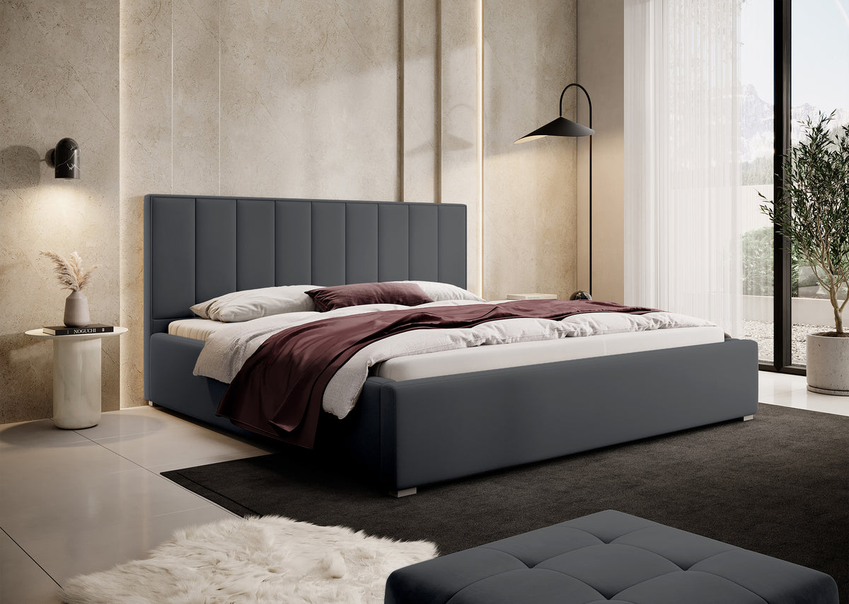 Lit tapissé 200x200 cm Rinus avec rangement, gris foncé en tissu hydrofuge