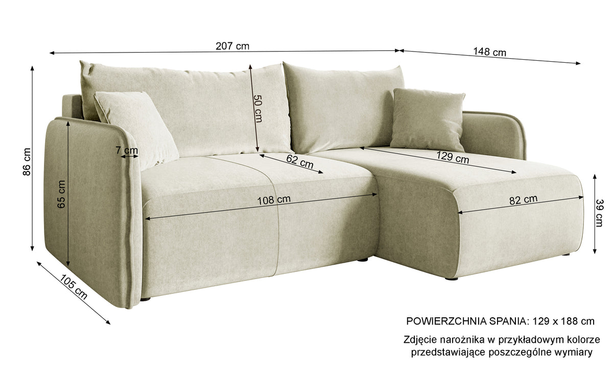 Canapé d'angle Mavio en velours hydrofuge sauge avec fonction couchage et rangement, universel, forme en L