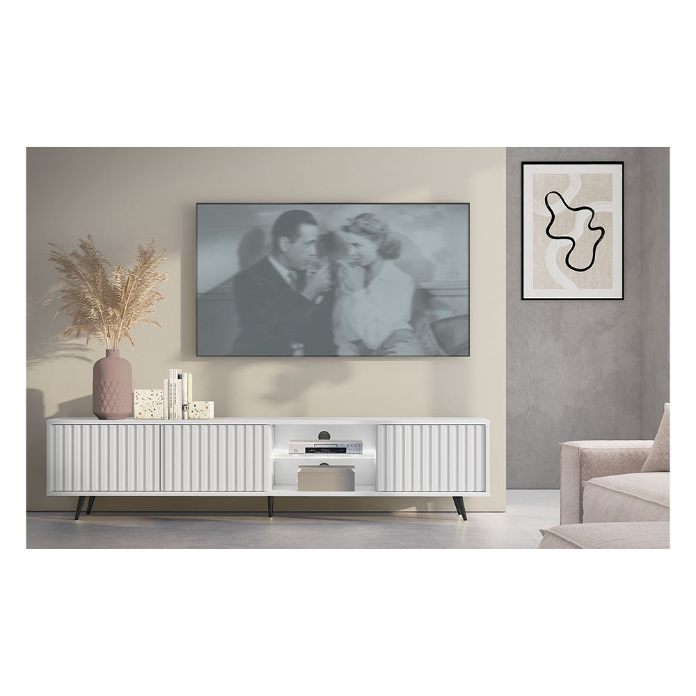 Meuble TV Bello avec façades à lamelles 175 cm blanc avec LED et pieds noirs