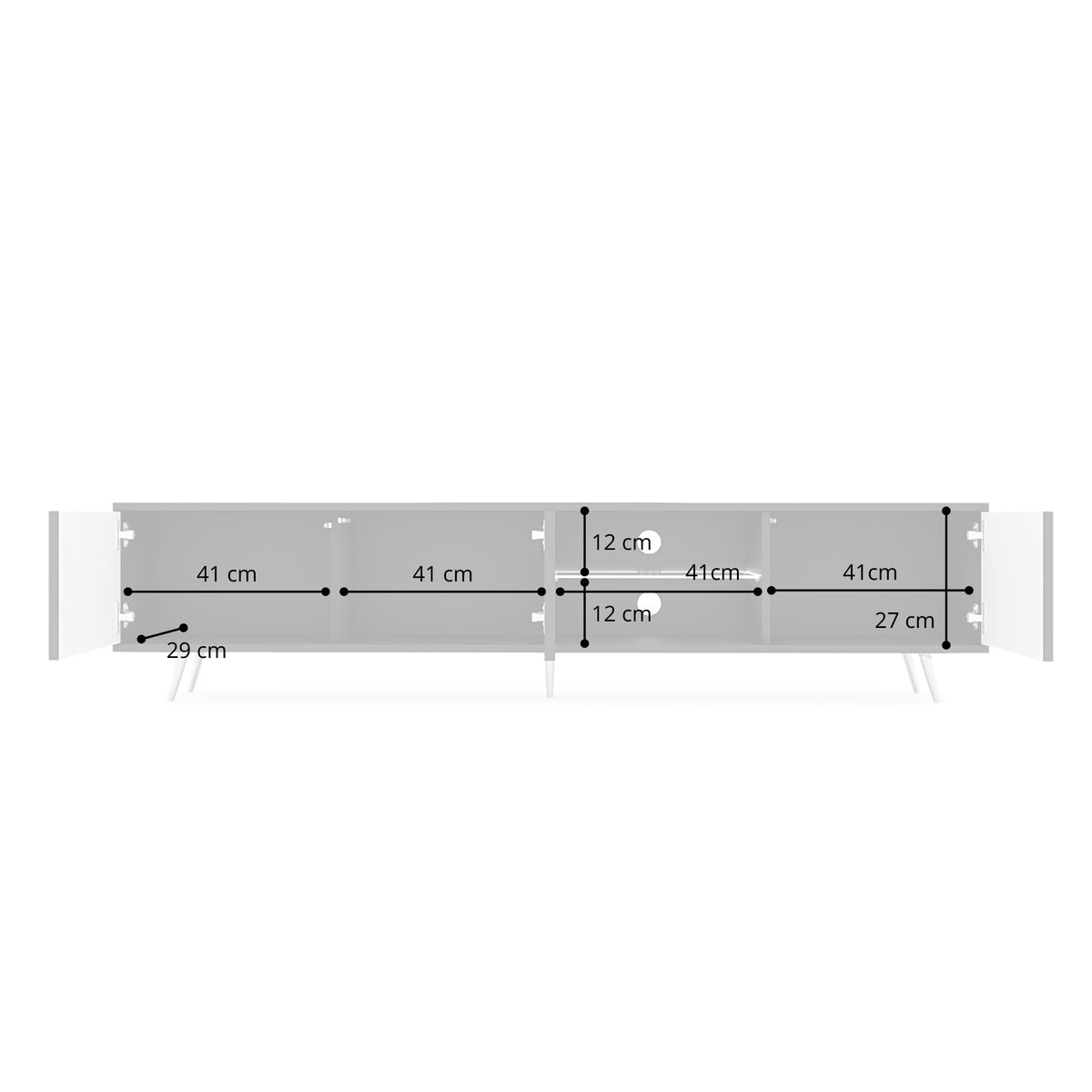 Meuble TV Bello avec façades à lamelles 175 cm blanc avec LED et pieds noirs
