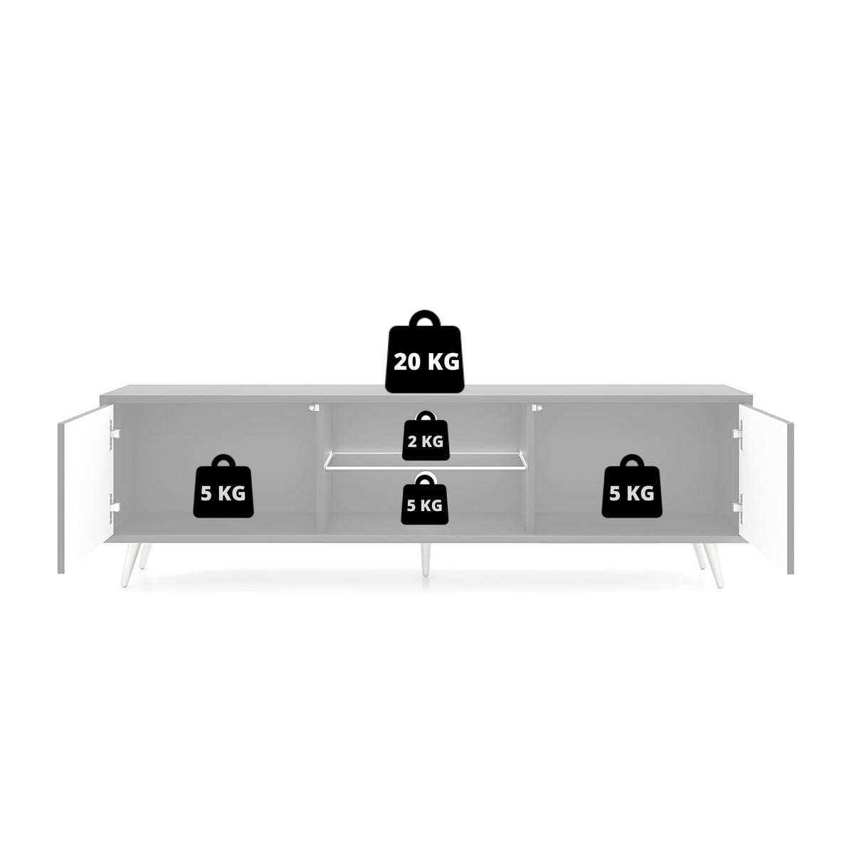 Meuble TV Bello 135 cm blanc avec portes à lamelles et pieds dorés