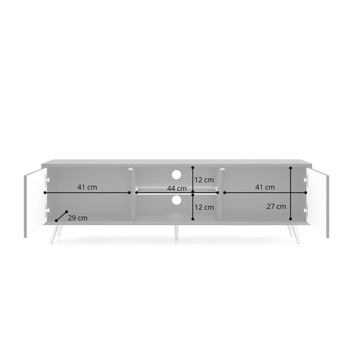 Meuble TV Bello 135 cm blanc avec portes à lamelles et pieds dorés