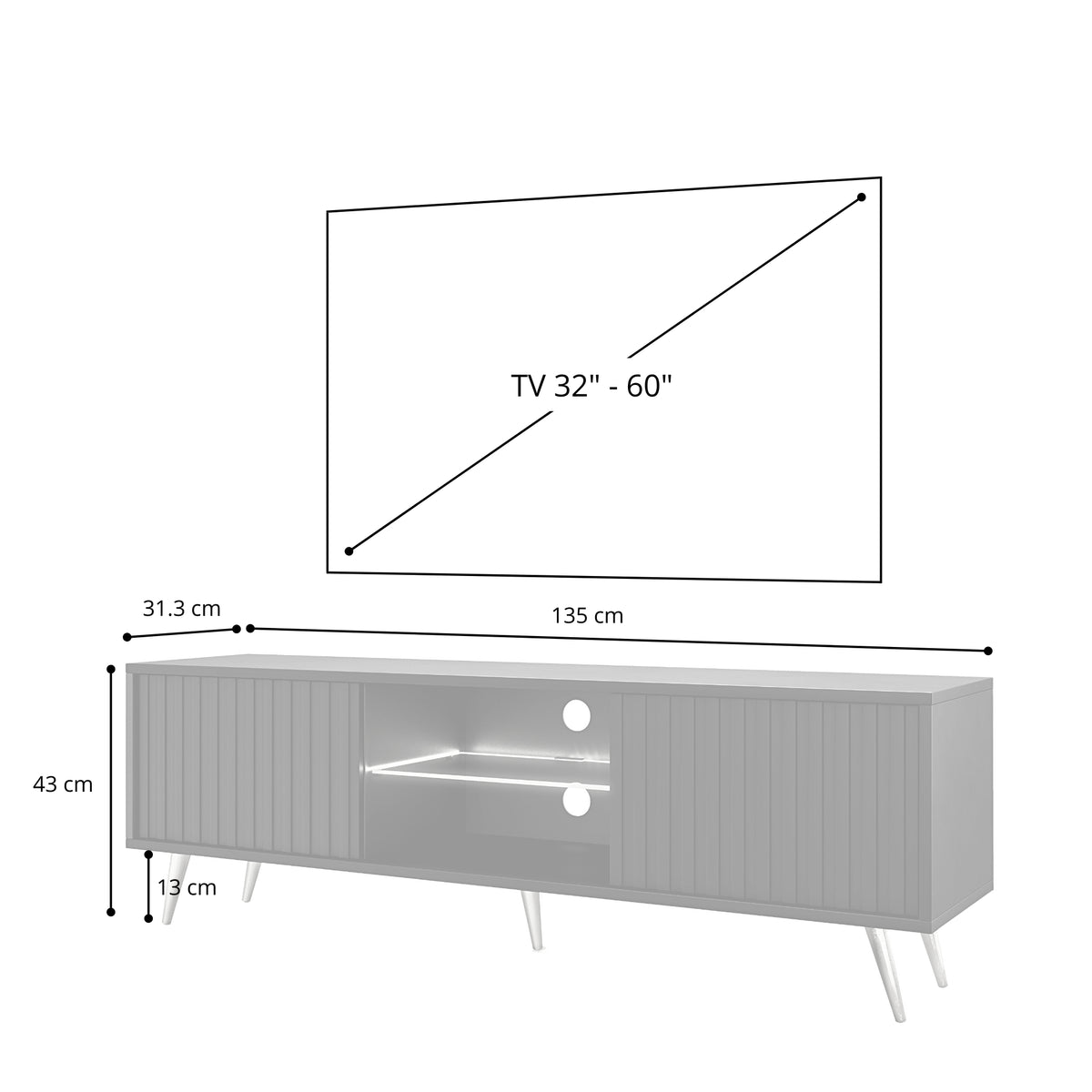 Meuble TV Bello avec façades lamellées 135 cm noir avec pieds dorés