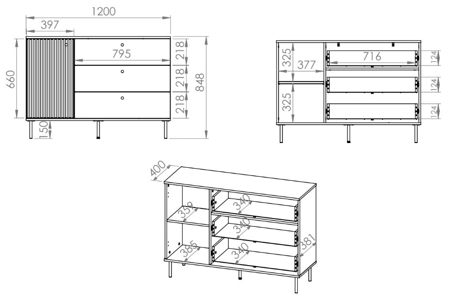 Commode 1 porte Caletto avec trois tiroirs 120 cm, lamelles décoratives beige