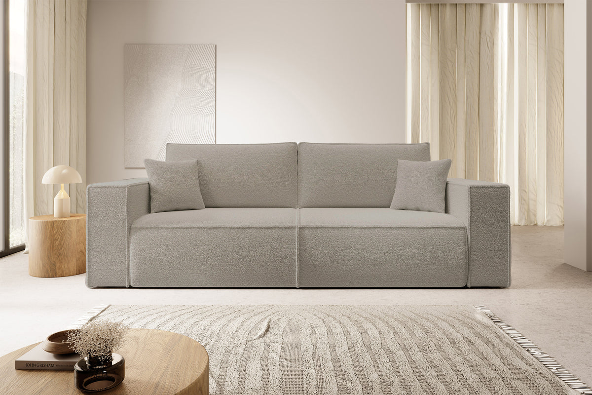 Canapé convertible 3 places Farese avec rangement, tissu bouclé marron