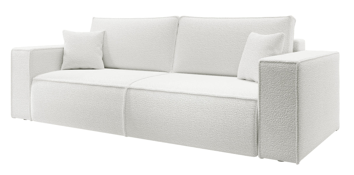 Dreisitziges Schlafsofa Farese mit Stauraum, cremefarbenes Bouclé