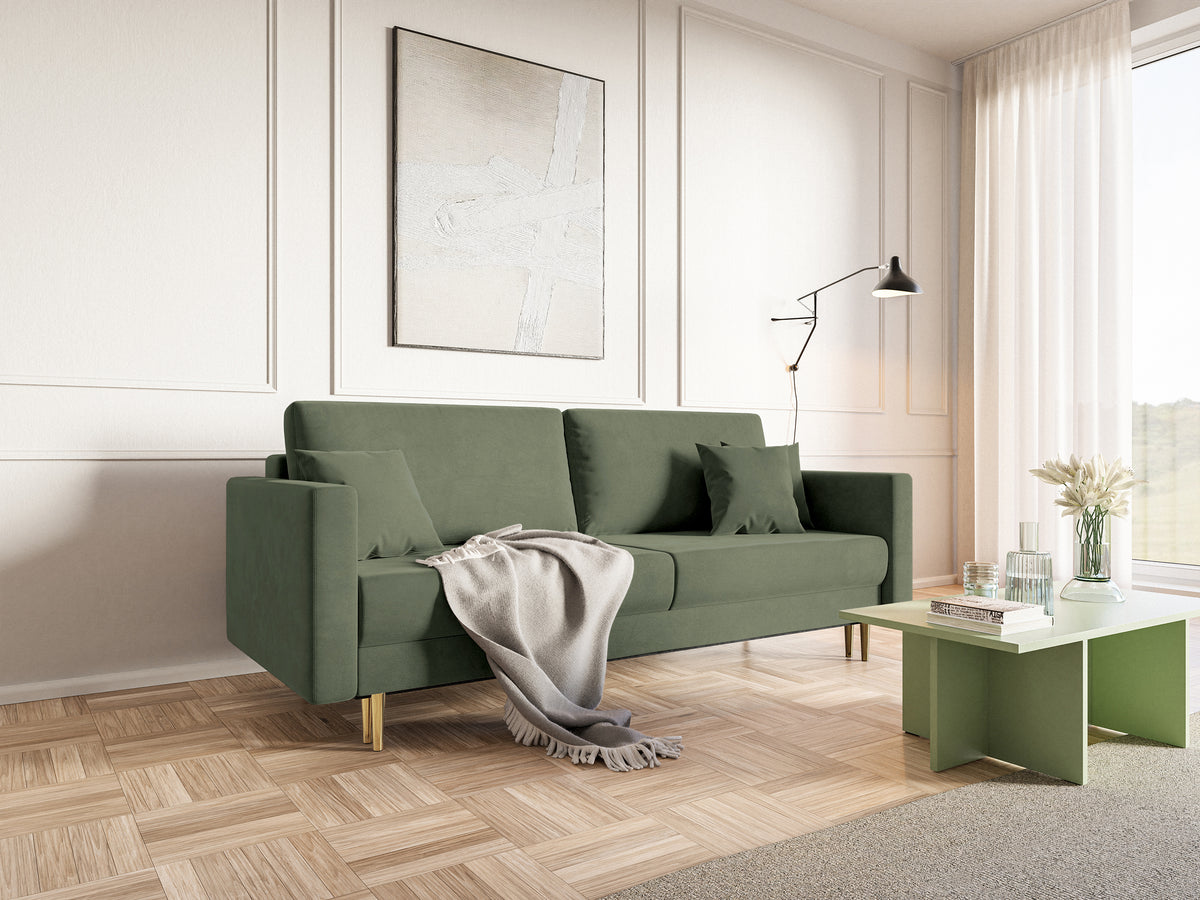 Dreisitziges ausklappbares Sofa Valico in Salbeigrün, samtig, wasserabweisend