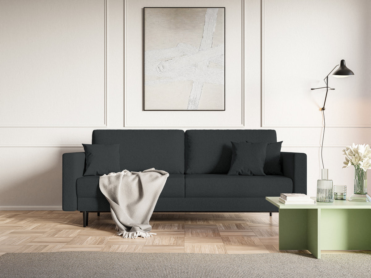 Canapé convertible 3 places Valico graphite en tissu chenille facile à nettoyer, pieds noirs