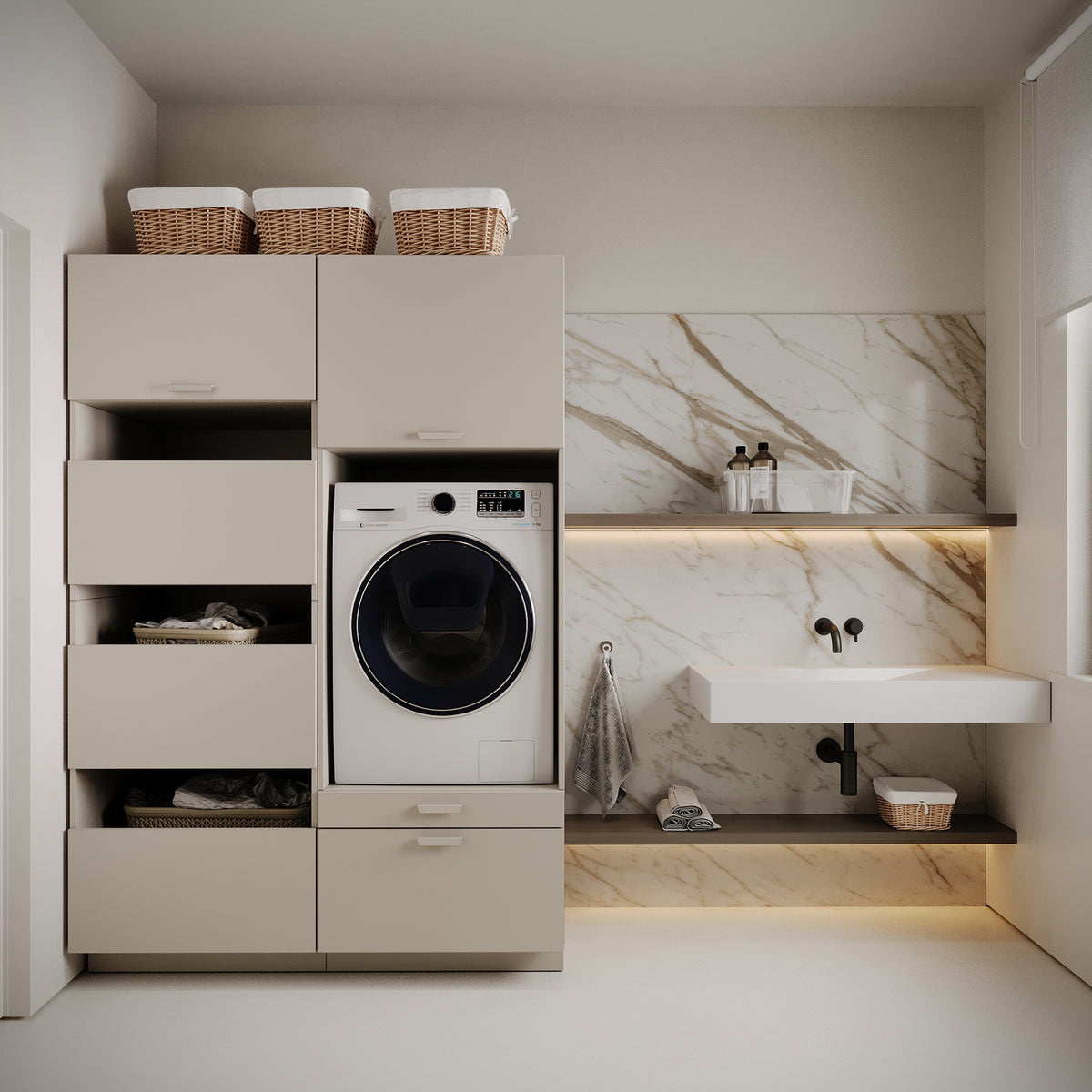 Badezimmermöbel-Set Holv mit einem Ein-Kammer-Schrank für die Waschmaschine, 135 cm, Kaschmir