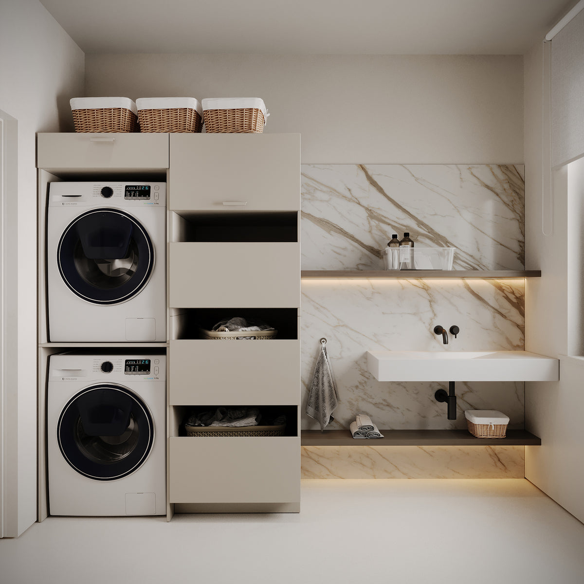Ensemble de meubles de salle de bain Holv avec armoire double compartiment au-dessus du lave-linge 135 cm cachemire