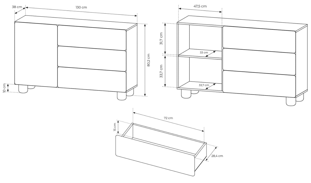 Commode 1 porte Lomo avec trois tiroirs 130 cm chêne Vicenza