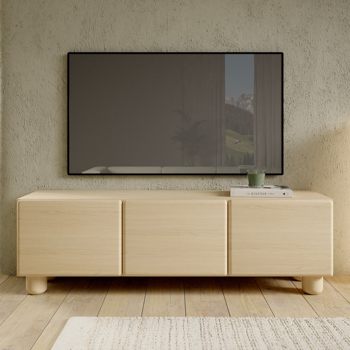 Meuble TV Lomo avec trois portes rabattables 150 cm chêne Vicenza
