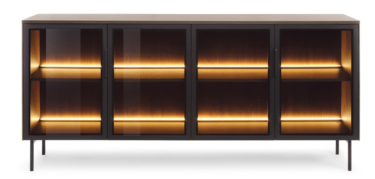 Commode quatre portes vitrées Lumi avec éclairage LED 181 cm chêne Dunin