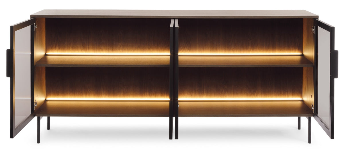Commode quatre portes vitrées Lumi avec éclairage LED 181 cm chêne Dunin