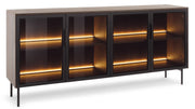 Commode quatre portes vitrées Lumi avec éclairage LED 181 cm chêne Dunin