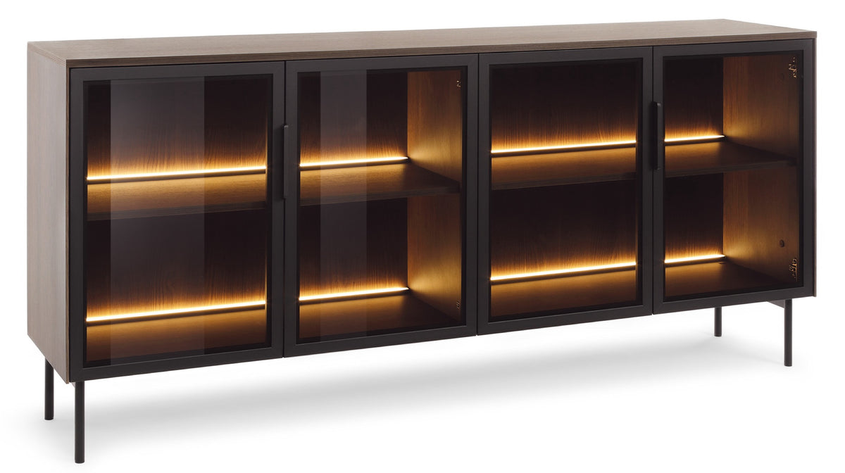 Vierteilige Glaskommode Lumi mit Beleuchtung, 181 cm, Eiche Dunin