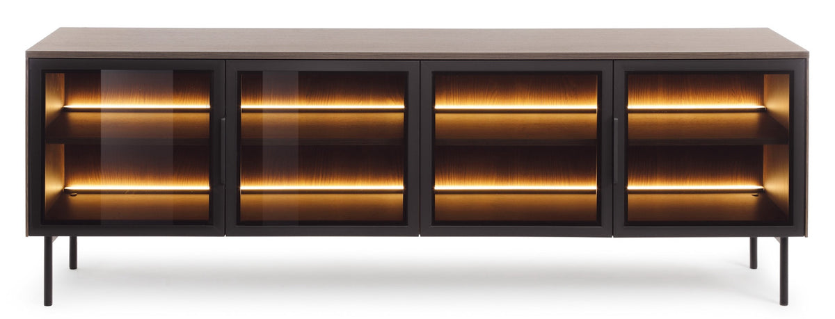 Viertrügige TV-Kommode Lumi mit Glastüren und Beleuchtung, 181 cm, Eiche Dunin