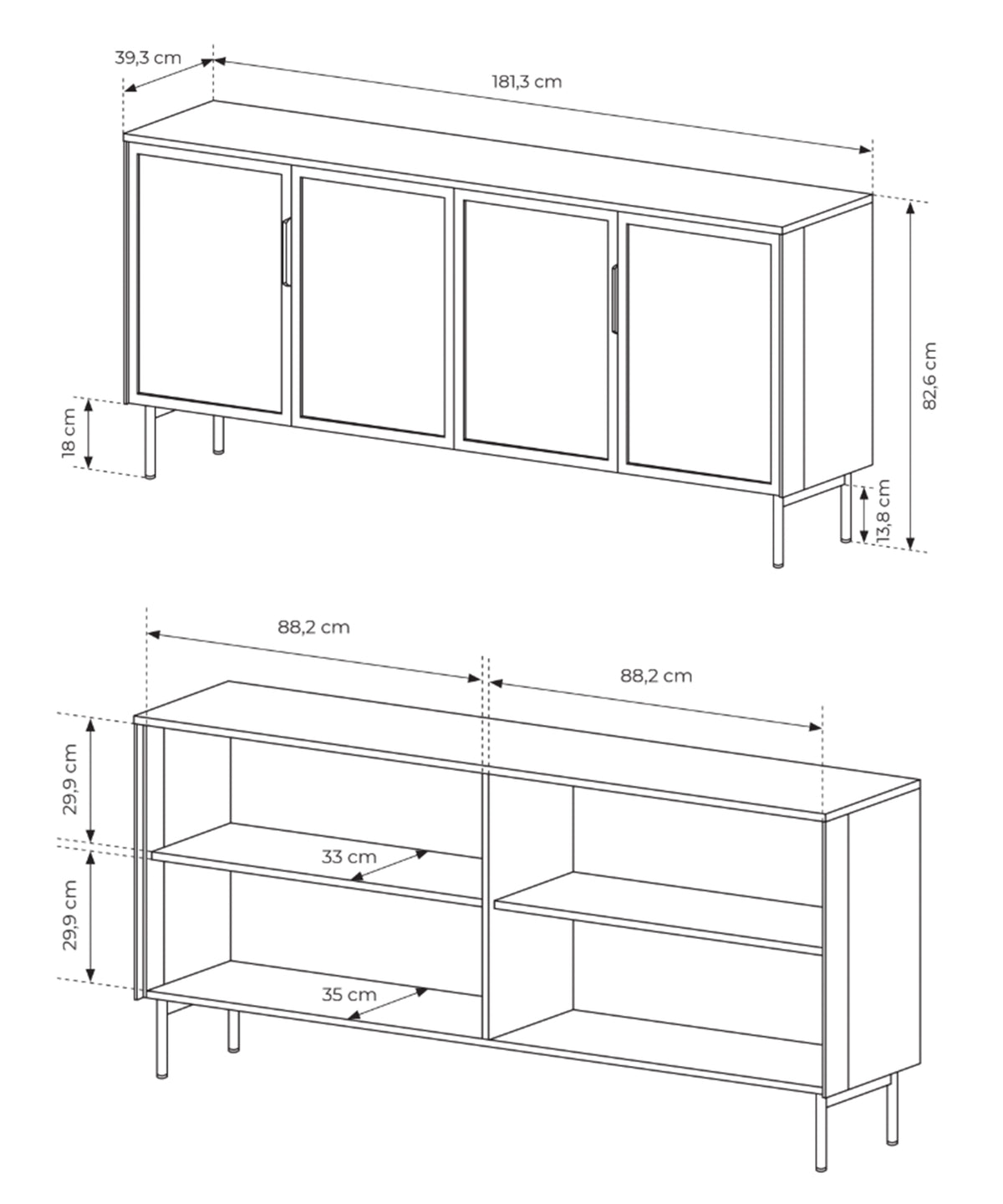 Commode quatre portes vitrées Lumi avec éclairage LED 181 cm chêne Dunin