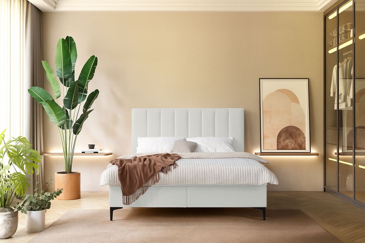 Kontinentales Bett 140x200 cm Lorentes mit Stauraum und Topper, cremefarbenes Geflecht