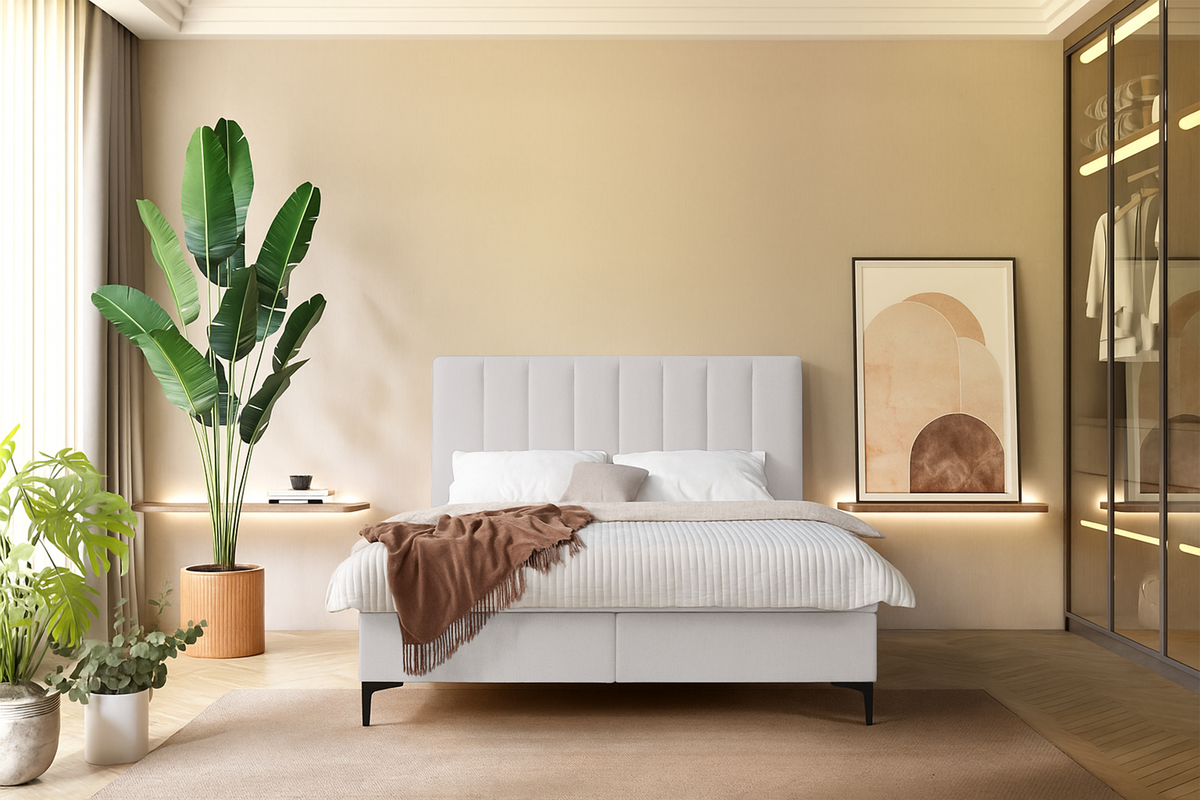 Kontinentales Bett 160x200 cm Lorentes mit Stauraum und Topper, hellbeige Flechtmuster