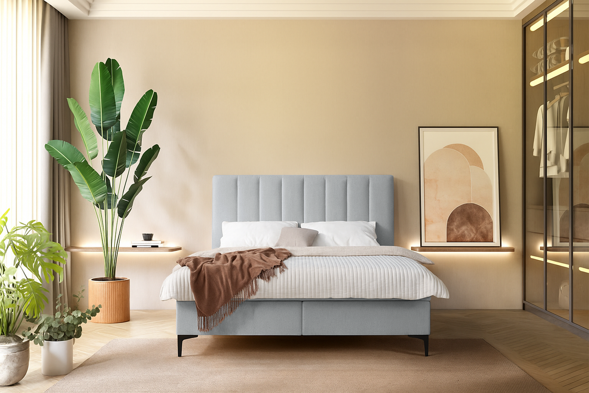 Kontinentalbett 160x200 cm Lorentes mit Stauraum und Topper, hellgraues Geflecht
