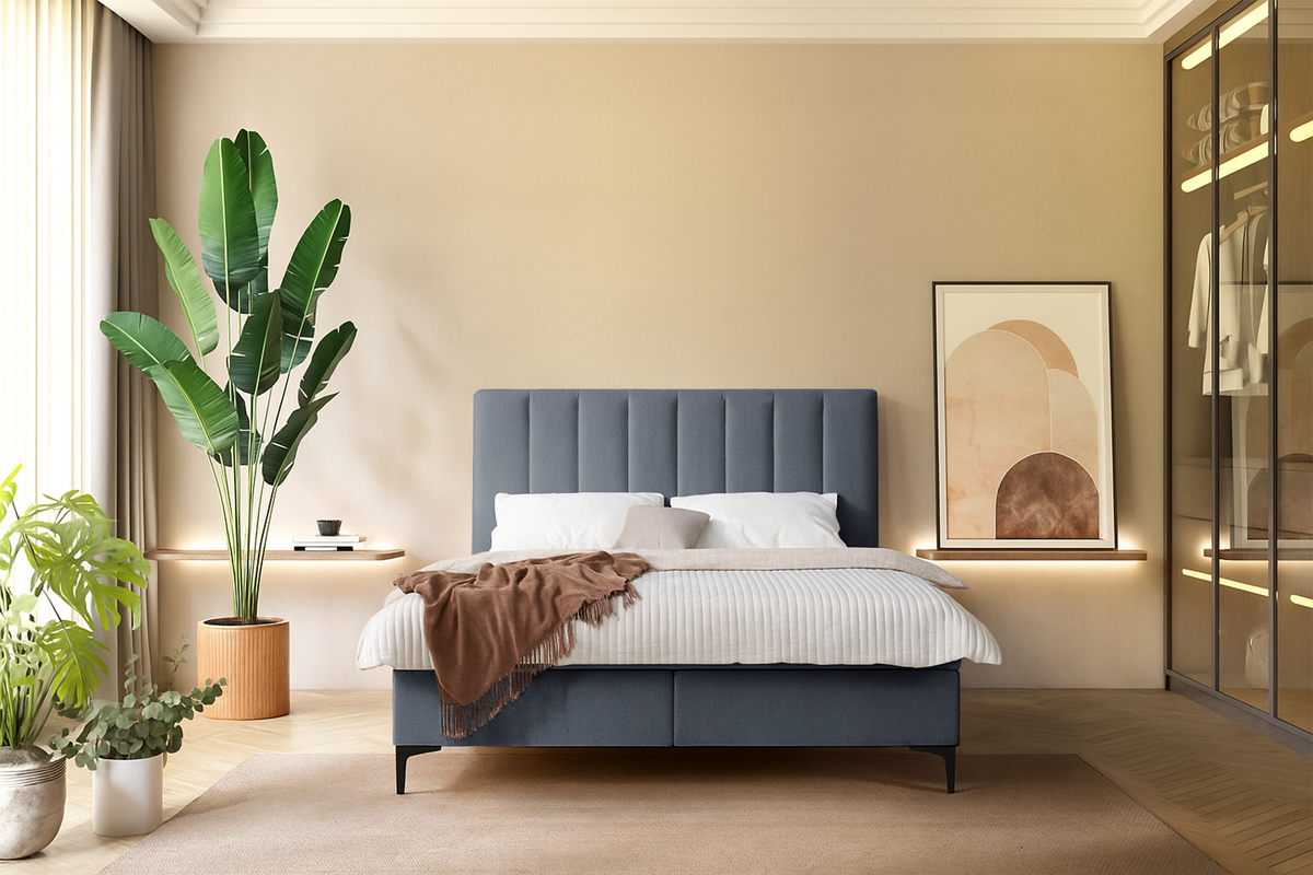 Kontinentales Bett 160x200 cm Lorentes mit Stauraum und Topper, dunkelgraues Geflecht