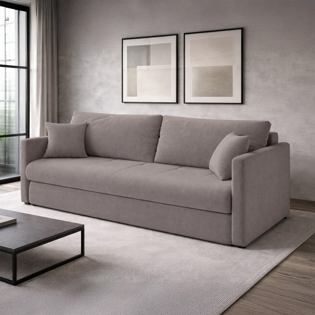 Dreisitziges ausklappbares Sofa Lorro mit Stauraum, hellbraunes Chenille