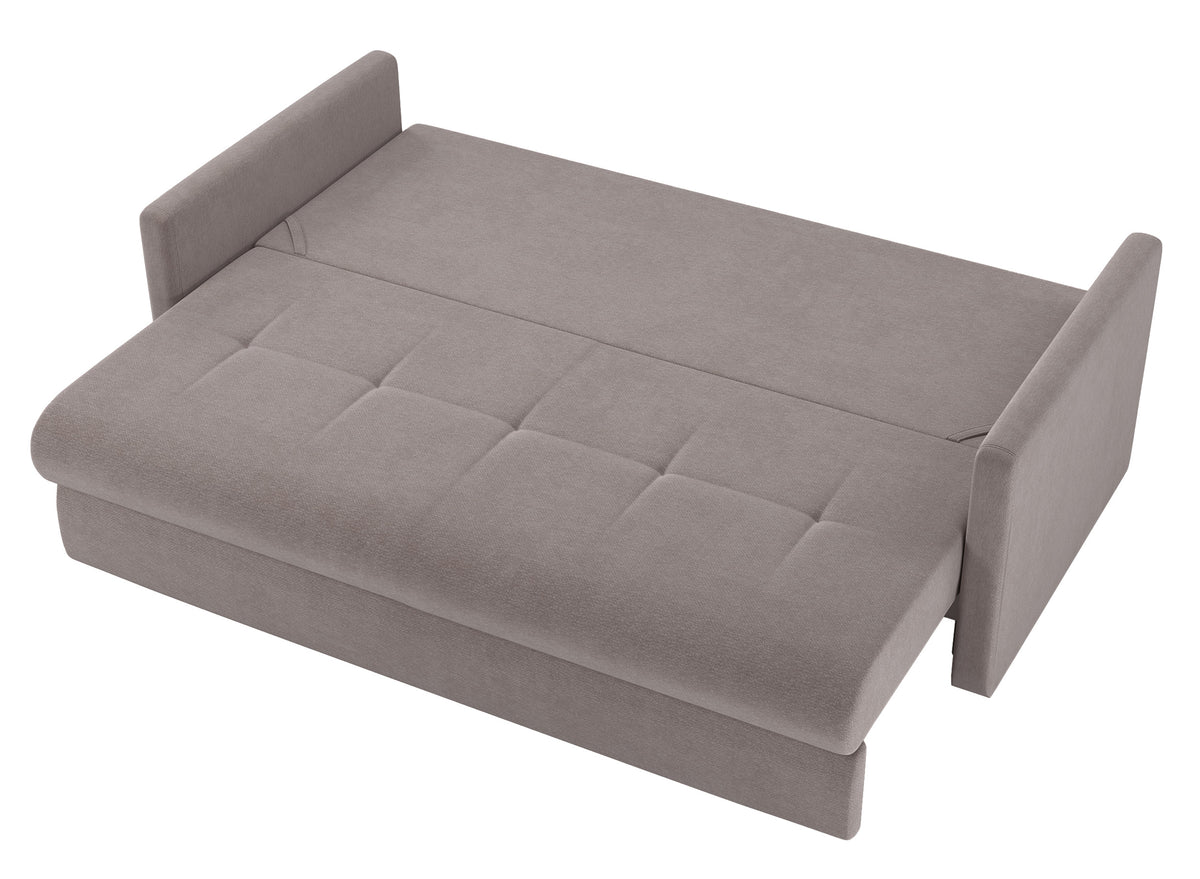 Dreisitziges ausklappbares Sofa Lorro mit Stauraum, hellbraunes Chenille