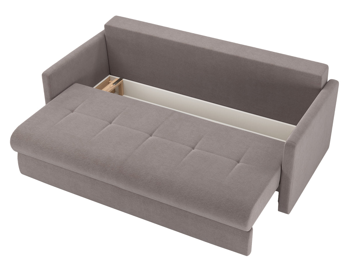 Dreisitziges ausklappbares Sofa Lorro mit Stauraum, hellbraunes Chenille