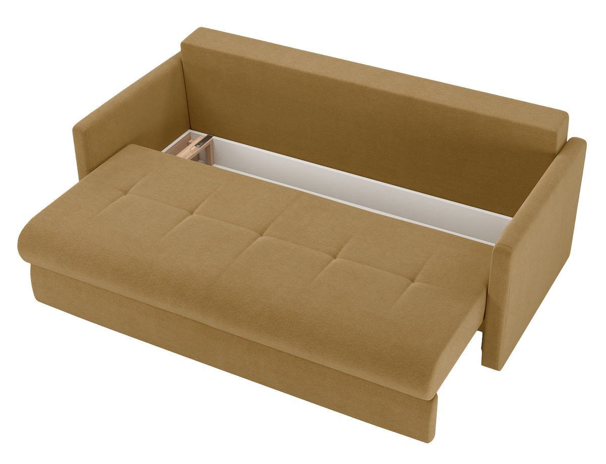 Dreisitziges ausklappbares Sofa Lorro mit Stauraum, senfgelber Chenillestoff