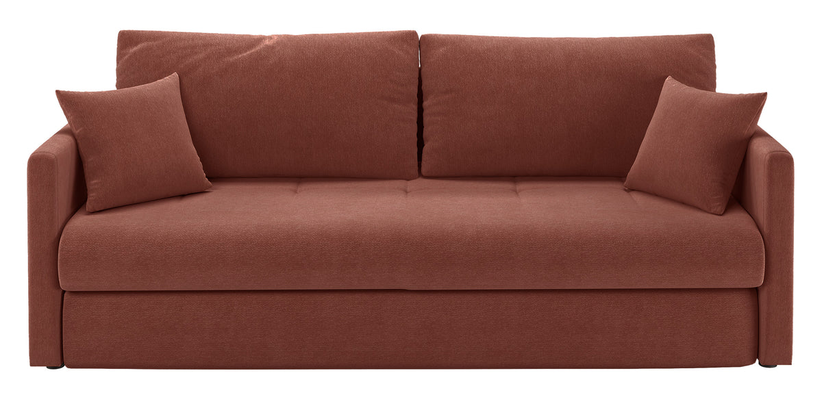 Dreisitziges ausklappbares Sofa Lorro mit Stauraum, kupferfarbener Chenille-Bezug