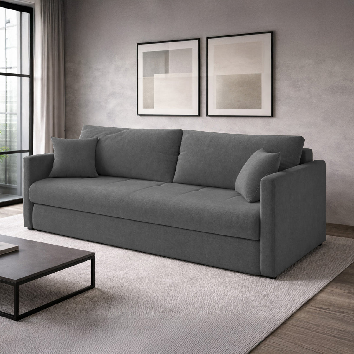 Dreisitziges ausklappbares Sofa Lorro mit Stauraum, grauer Chenille-Bezug