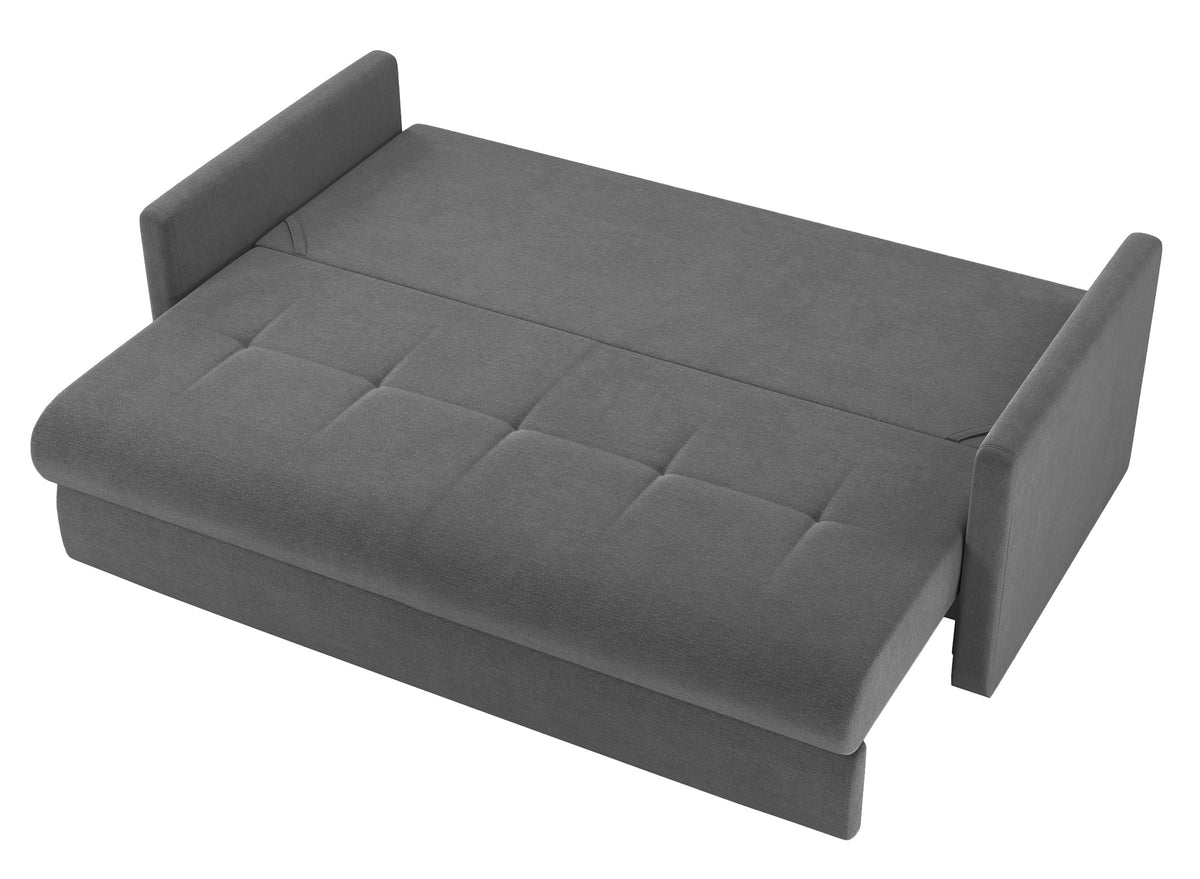 Dreisitziges ausklappbares Sofa Lorro mit Stauraum, grauer Chenille-Bezug