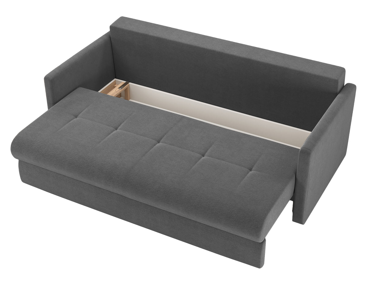 Dreisitziges ausklappbares Sofa Lorro mit Stauraum, grauer Chenille-Bezug