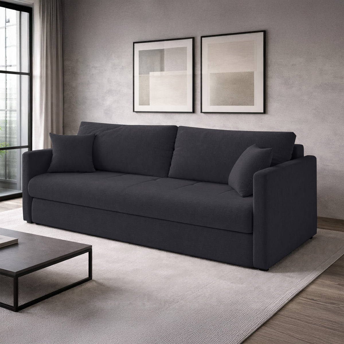 Dreisitziges ausklappbares Sofa Lorro mit Stauraum, Graphit Chenille